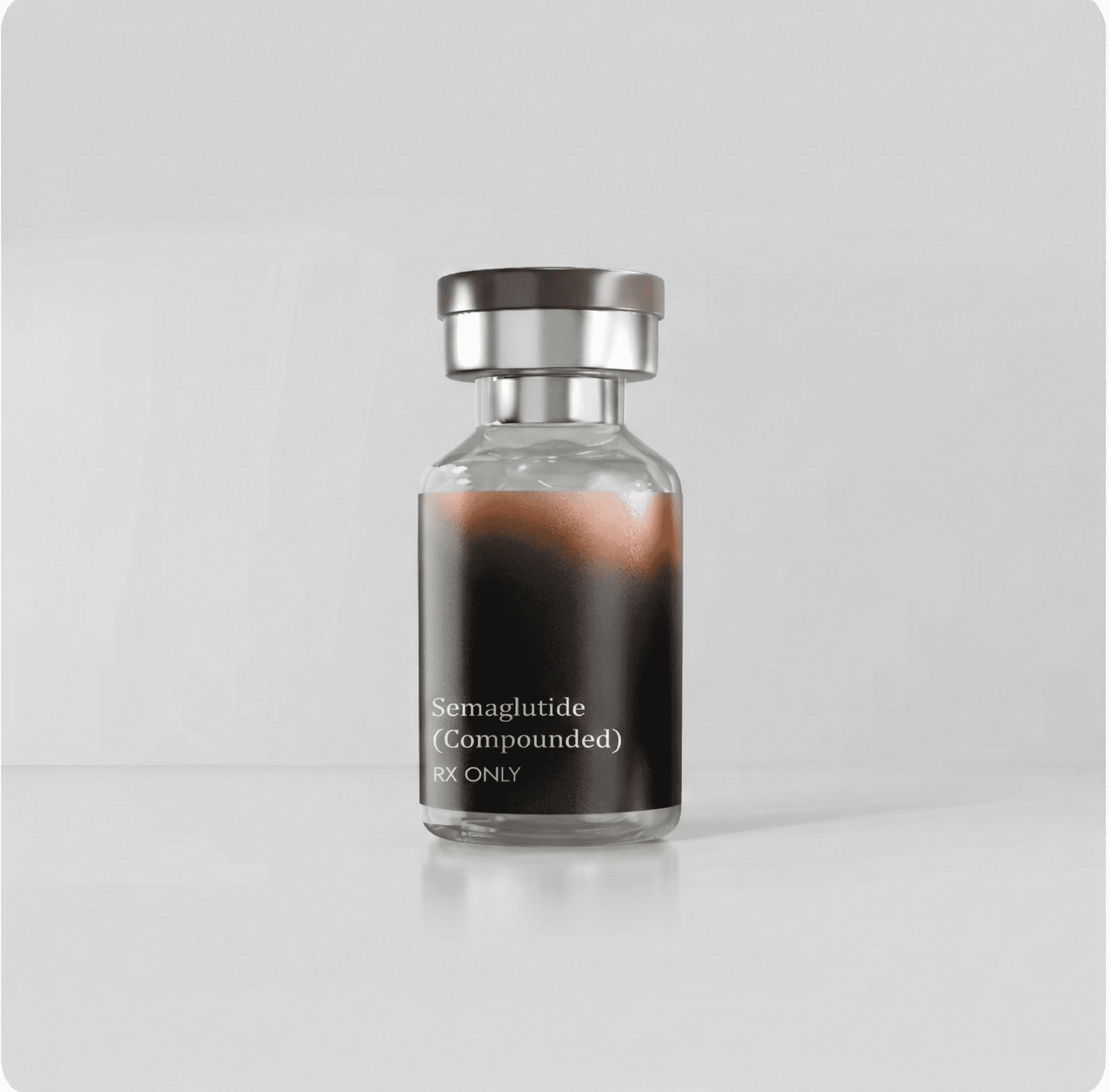 Compounded semaglutide injection vial with dark amber label, RX only