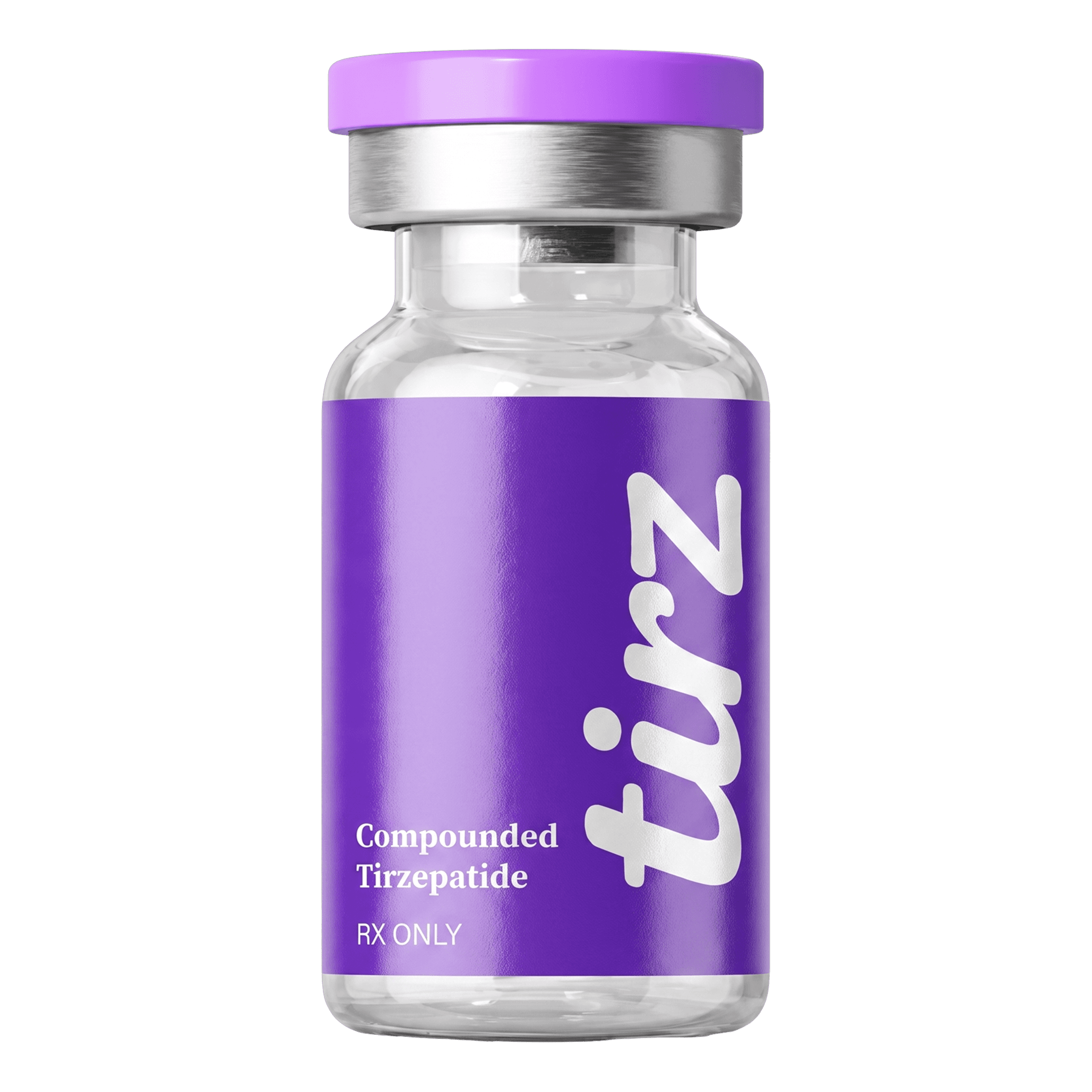 Compounded tirzepatide injection vial with purple-blue gradient label, RX only