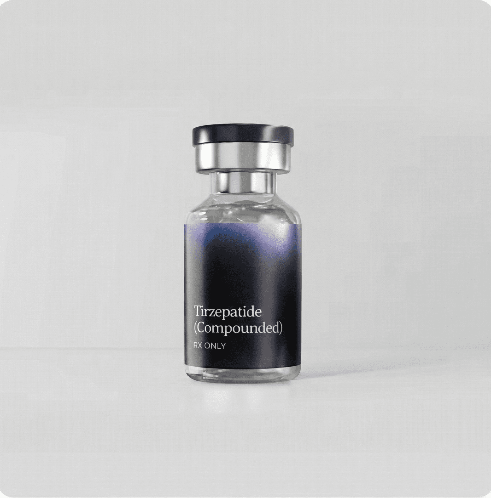 Compounded tirzepatide injection vial with purple-blue gradient label, RX only